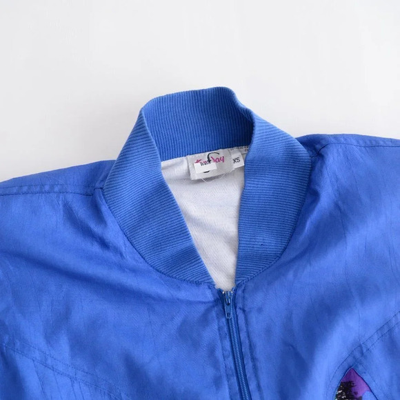 Vintage TanJay Blue Nylon Pink & Green Abstract Design Light Bomber Jacket XS - Picture 13 of 14